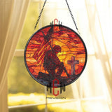 Fallen Soldier Stained Glass Suncatcher, Round Patriotic Window Panel with Cross and American Flag, Military Memorial Home Decor Gift