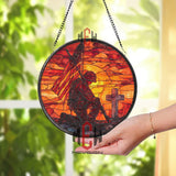 Fallen Soldier Stained Glass Suncatcher, Round Patriotic Window Panel with Cross and American Flag, Military Memorial Home Decor Gift