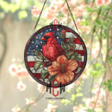 Patriotic Cardinal Stained Glass Suncatcher, Round Window Panel with American Flag and Hibiscus Flower, USA Nature Home Decor Gift