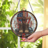 Military Boots Cross Stained Glass Suncatcher, Round Patriotic Window Panel with American Flag, Memorial Tribute Home Decor Gift