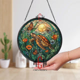 Sea Turtle Stained Glass Suncatcher, Round Ocean Nature Window Panel with Butterflies, Flowers and Sun, Coastal Beach Home Decor Gift