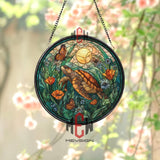 Sea Turtle Stained Glass Suncatcher, Round Ocean Nature Window Panel with Butterflies, Flowers and Sun, Coastal Beach Home Decor Gift