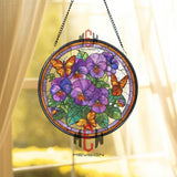 Purple Pansy Stained Glass Suncatcher, Round Window Panel with Orange Butterflies and Flowers, Colorful Garden Nature Home Decor Gift