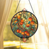 Orange Tree Stained Glass Suncatcher, Round Window Panel with Branches and Leaves, Colorful Fruit Inspired Kitchen Garden Home Decor Gift