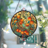 Orange Tree Stained Glass Suncatcher, Round Window Panel with Branches and Leaves, Colorful Fruit Inspired Kitchen Garden Home Decor Gift