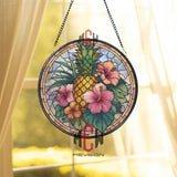 Pineapple Stained Glass Suncatcher, Round Tropical Window Panel with Pink Hibiscus Flowers, Colorful Kitchen Garden Beach Home Decor Gift