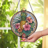 Pineapple Stained Glass Suncatcher, Round Tropical Window Panel with Pink Hibiscus Flowers, Colorful Kitchen Garden Beach Home Decor Gift