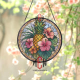 Pineapple Stained Glass Suncatcher, Round Tropical Window Panel with Pink Hibiscus Flowers, Colorful Kitchen Garden Beach Home Decor Gift