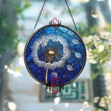 Dandelion Stained Glass Suncatcher, Round Blue Night Sky Window Panel with White Seeds, Whimsical Nature Inspired Home Decor Gift