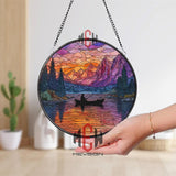 Fishing Sunset Stained Glass Suncatcher, Round Lake and Mountain Window Panel with Silhouette Boat, Outdoor Nature Home Decor Gift