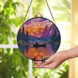 Fishing Sunset Stained Glass Suncatcher, Round Lake and Mountain Window Panel with Silhouette Boat, Outdoor Nature Home Decor Gift