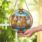 Christmas Dogs Stained Glass Suncatcher, Round Holiday Window Panel with Wreath, Candles and Feast, Pet Lover Festive Home Decor Gift