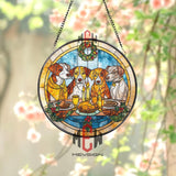 Christmas Dogs Stained Glass Suncatcher, Round Holiday Window Panel with Wreath, Candles and Feast, Pet Lover Festive Home Decor Gift