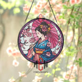 Geisha Stained Glass Suncatcher, Round Japanese Woman with Parasol and Cherry Blossoms Window Panel, Oriental Floral Home Decor Gift