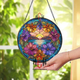 Sunset Stained Glass Suncatcher, Round Ocean Landscape with Colorful Flowers and Mountains, Vibrant Window Panel Nature Home Decor Gift