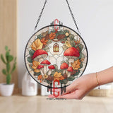 Mushroom Wreath Stained Glass Suncatcher, Round Autumn Window Panel with Red Mushrooms, Leaves and Lantern, Woodland Nature Home Decor
