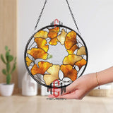 Ginkgo Leaf Stained Glass Suncatcher, Round Autumn Window Hanging with Golden Leaves, Botanical Nature Inspired Home Decor Gift