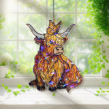 Highland Cow Acrylic Suncatcher with Butterfly, Stained Glass Style Cute Calf Window Hanging, Rustic Farmhouse Animal Decor Gift