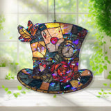 Mad Hatter Hat Acrylic Suncatcher, Stained Glass Style Alice in Wonderland Window Hanging, Fantasy Rose Butterfly Clock Home Decor Gift