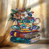 Teacup with Flowers Acrylic Suncatcher, Stained Glass Style Books and Tea Window Hanging, Cozy Cottagecore Reading Lover Gift Decor