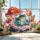 Frog Acrylic Suncatcher, Stained Glass Style Mushroom Book and Snail Window Hanging, Whimsical Cottagecore Nature Reading Lover Gift