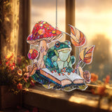 Frog Acrylic Suncatcher, Stained Glass Style Mushroom Book and Snail Window Hanging, Whimsical Cottagecore Nature Reading Lover Gift