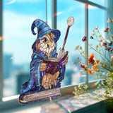 Wizard Owl Acrylic Suncatcher, Stained Glass Style Magical Owl with Book and Staff Window Hanging, Fantasy Reading Lover Gift Decor
