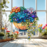 Hanging Succulent Acrylic Suncatcher, Stained Glass Style Colorful Plant Basket Window Hanging, Botanical Garden Lover Home Decor Gift