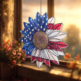 American Flag Sunflower Acrylic Suncatcher, Stained Glass Style Patriotic Flower Window Hanging, USA Pride Veteran Home Decor Gift