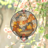 Autumn Cat Stained Glass Suncatcher, Round Fall Leaves Window Panel with Cozy Scarfed Kitty, Seasonal Feline Home Decor Gift