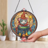 Wizard Mouse Stained Glass Suncatcher, Round Magical Potion Cauldron Window Panel with Starry Hat, Fantasy Halloween Home Decor Gift