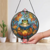 Frog Reading Stained Glass Suncatcher, Round Pumpkin Window Panel with Autumn Leaves and Book, Whimsical Fall Nature Home Decor Gift