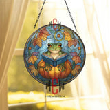 Frog Reading Stained Glass Suncatcher, Round Pumpkin Window Panel with Autumn Leaves and Book, Whimsical Fall Nature Home Decor Gift