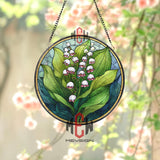 Lily of the Valley Stained Glass Suncatcher, Round White Bell Flowers Window Panel with Green Leaves, Nature Floral Home Decor Gift