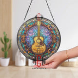 Guitar Stained Glass Suncatcher, Round Musical Instrument Window Panel with Colorful Floral Border, Music Lover Home Decor Gift