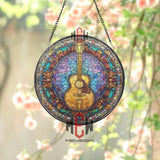 Guitar Stained Glass Suncatcher, Round Musical Instrument Window Panel with Colorful Floral Border, Music Lover Home Decor Gift