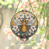 Bee Stained Glass Suncatcher, Round Honeycomb and White Blossoms Window Panel, Nature Insect Art, Pollinator Garden Home Decor Gift