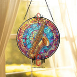 Saxophone Stained Glass Suncatcher, Round Musical Instrument Window Panel with Colorful Abstract Background, Jazz Music Home Decor Gift