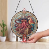 Pirate Octopus Stained Glass Suncatcher, Round Nautical Window Panel with Parrot and Treasure Chest, Ocean Fantasy Home Decor Gift