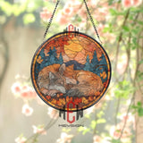 Wolves Stained Glass Suncatcher, Round Autumn Sunset Window Panel with Sleeping Pair in Forest, Nature Wildlife Home Decor Gift