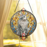 Cat Stained Glass Suncatcher, Round Gray Feline Window Panel with Yellow Flowers and Blue Accents, Elegant Pet Lover Home Decor Gift