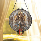 Archangel Stained Glass Suncatcher, Round Angel with Golden Wings and Scales Window Panel, Spiritual Religious Home Decor Gift