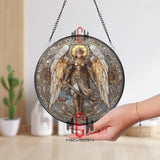 Archangel Stained Glass Suncatcher, Round Angel with Golden Wings and Scales Window Panel, Spiritual Religious Home Decor Gift