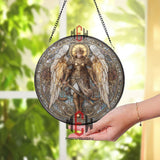 Archangel Stained Glass Suncatcher, Round Angel with Golden Wings and Scales Window Panel, Spiritual Religious Home Decor Gift