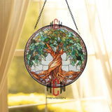 Tree of Life Stained Glass Suncatcher, Round Window Panel with Twisting Roots and Green Leaves, Nature Spiritual Home Decor Gift