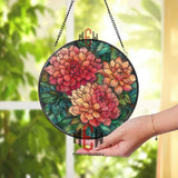 Dahlia Stained Glass Suncatcher, Round Floral Window Panel with Red and Orange Blossoms and Green Leaves, Garden Nature Home Decor Gift