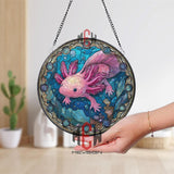 Axolotl Stained Glass Suncatcher, Round Pink Salamander Window Panel with Underwater Scene, Cute Aquatic Creature Home Decor Gift