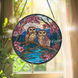 Owls Stained Glass Suncatcher, Round Window Panel with Cherry Blossoms and River Scene, Nature Bird Home Decor Hanging Gift