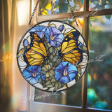 Butterfly Stained Glass Suncatcher, Round Window Panel with Blue Morning Glories, Floral Garden Nature Hanging Home Decor Gift