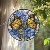 Butterfly Stained Glass Suncatcher, Round Window Panel with Blue Morning Glories, Floral Garden Nature Hanging Home Decor Gift